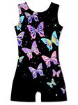 ACOCOPY Girls Black Leotards Sparkly Butterfly Printed Biketards Unitard Sleeveless Stretchy Athletic Outfits With Shorts, little kid