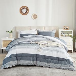 Litanika Light Grey Comforter Queen Size Bed - 3 Pieces Lightweight Gray White Colorblock Stripe Fluffy Bedding Sets, All Season Set,(Stripe LGrey Q)