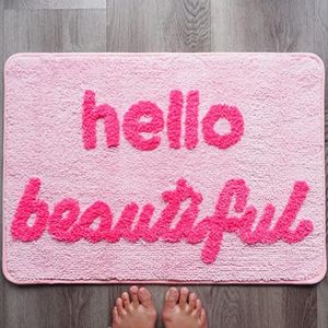 Evovee Hello Beautiful Bath Mat Light Pink Blush Peach Coral Cute Bathroom Rugs for Girls You Look Good Gorgeous Funny Shower Fun Bathroom Decor Non-Slip Washable Kids Women