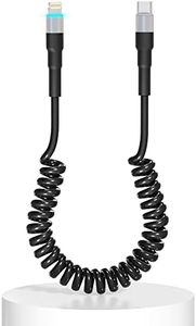 Cable USB C Lightning Espiral, Compatible con Apple Carplay y certificado MFi, cable Lightning USBC para automóvil con transmisión de datos y LED, cargador USBC retráctil de iPhone para iPhone/Pad/Pod