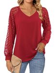 Beluring Blouse for Women Casual V Neck Tshirt Lace Long Sleeve Casual T-Shirts Red Size 18 20