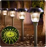 BEAU JARDIN 8 Pack Garden Solar Pathway Lights Color Changing + Bright White Outdoor Stake Glass LED Stainless Steel Waterproof Landscape Path Lighting for Yard Walkway Driveway Outside Silver