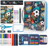 Markers Set with Glitter Soccer Pencil Case & Stationery, Back to School Art Supplies Coloring Kits for Kids Ages 4-6-8-12, Soccer Birthday Gifts for Boys Aged 4 5 6 7 8 9 10 11 12