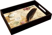 Enigmatic Woodworks Wooden Serving Tray with Handle I Rectangular Tea Breakfast Platter I Decorative Bathroom D?cor I Kitchen Bedroom Personal Small Size 33X25X5 (Brown Feather)