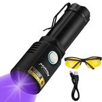 Alonefire X901UV 10W 365nm UV Torch USB Rechargeable Ultraviolet Blacklight FlashlightPet Urine Detector for Resin Curing, Fishing, Dry Glue, Minerals with UV Protective Glasses, Battery Included