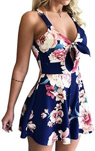 Relipop Women's Jumpsuits Floral Print Spaghetti Straps Sleeveless V Neck Front Tie Knot Rompers 2026 Beach Vacation Outfits Blue Large