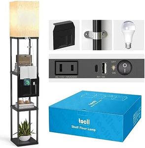 TOCLL 3 in 1 Floor Lamp with Shelves, Type C Port, USB Port, Power Outlet, Display Standing Lamp with LED Bulb, Shelf Floor Lamp for Living Room, Bedroom, Office, Black