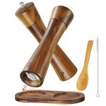 BEZORR Salt and Pepper Grinder Set, 8inch Pepper Mill with Tray, Acacia Salt and Pepper Grinder Set of 2 with Ceramic Grinder, Refillable Spice Grinder Shakers for Cooking and Baking