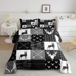 Deer Silhouette Comforter Set Queen Size,Camo Western Rustic Farmhouse Xmas Bedding Set 3pcs for Kids Teens Home Room Decor,Antlers Arrow Geometric Quilt Set,Black Grey Duvet Insert,2 Pillowcases