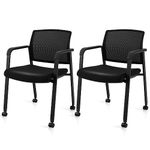 Tangkula Set of 2 Rolling Conference Room Chairs, Stackable Office Guest Mesh Chairs with Armrests and Wheels, Versatile Waiting Room Chairs for Office, School, Lobby, Black