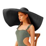 Oversized Beach Straw Hats for Women Floppy, Ladies Extra Large Wide Brim Packable Beach Sun Protection Travel Summer Hats, Black, 7 1/8-7 1/4