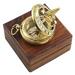 Marine Sundial Compass with Nautical Solid Wooden Box Vintage Brass Ship Navigate Device Nautical Gift Collection