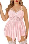 Avidlove Womens Lingeries Plus Size Floral Lace Cups Babydoll Dress Lingerie Sexy Set For Bridal Light Pink