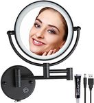 RECKODOR Rechargeable Wall Mounted 1X/5X Magnifying Bathroom Makeup Mirror with Light, Extended Arm 360 Rotation 8" Shaving Vanity Mirror, No Pre-Installed Wire and SEALANT FIX, Matt Black