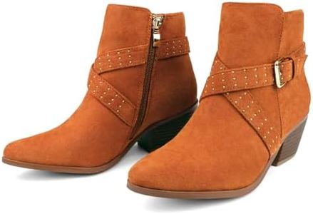 JOY IN LOVE Ankle Boots for Women Low Chunky Heel Zipper Booties, Brown Suede, 8.5