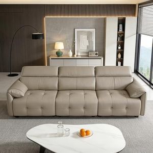 VASOENY Genuine Leather Sectional Sofa with Drop-Down Cup Holder Console,122inch Modern 3-Seater Modular Couch with Adjustable Headrests, Overstuffed Cushions for Living Room,Home Theater (Beige)