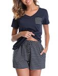 Vlazom Women's Pyjama Sets V-Neck Soft Loungewear Summer Pjs Set Cotton Short Sleeve Sleepwear with Pockets Drawstring, Navy, M