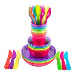 Cuddly Hippo Kids Plastic Dinnerware Set of 36 Multi Color Pieces (Plates, Bowls, Cups and Flatware) - Reusable, BPA-Free, Dishwasher Safe and Microwaveable