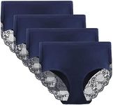 LIQQY Women's 4 Pack Combed Cotton Breathable High Rise Lace Full Coverage Brief Panty Underwear (Medium, Blue)