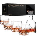 LIITON The Peaks Mountain Whiskey Decanter & Variety Set of 4 Unique Old Fashioned Glasses Gift Set for Men, Freezable Glasses Chill Bourbon, Cocktail, Scotch with 1lb of Frozen Crystal