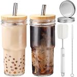 2-Pack 24oz Glass Cups Tumbler with Lids and Straws & 2 Airtight Lids, Reusable Boba Bubble Tea Cups, Mason Jar Drinking Glasses Iced Coffee Cup for Long Drinks, Water, Cocktail, Whiskey, Gift