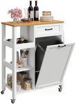 YITAHOME Small Kitchen Island Cart on Wheels with Trash Can Storage Cabinet, Rolling Portable Dining Room Serving Utility Carts Mobile Movable for 10 Gallon Garbage Bin, Oak & White