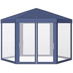 Outsunny Φ13' Hexagon Party Tent Patio Gazebo Outdoor Activity Event Canopy Quick Sun Shelter Pavilion with Netting Mesh Sidewall Blue