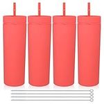 Volhoply 20oz Plastic Skinny Tumblers Bulk 4 Pack,Double Wall Tumbler with Lid and Straw,Reusable Travel Iced Coffee Mug,BPA Free Matte Acrylic Water Cups with Straw for Parties,DIY Gifts(Red, 4 Set）