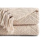 BATTILO HOME Beige Throw Blankets for Couch Bed Sofa, Textured Solid Soft Knitted Throw Blanket with Tassels, Warm Cozy Couch Blanket Large Bed Throws for Home Decor, 60"x80"