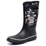 WTW Mid Calf Rain Boots for Women - Waterproof Insulated Neoprene Mud Boots Outdoor Hunting Garden Boots, White Flower, 11