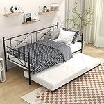 FOUBAM Daybed Frame, Metal Sofa Bed Twin Size with Steel Slat Support Strong Legs Headboard,Mattress Foundation Day Bed with Pull Out Trundle Daybed, No Box Spring Needed (Black)