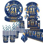 21st Birthday Party Supplies Serves 16,21st Birthday Party Disposable Tableware 85pcs Blue and Gold 9in 7in Plates Napkins Straws Tablecloth Cups for 21st Birthday Party Decorations
