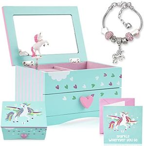 Amitié Lane Unicorn Jewellery Box For Girls PLUS Augmented Reality Experience (STEM Toy) - Unicorn Music Box With Pullout Drawer and Unicorn Charm Bracelet (Mint Green)