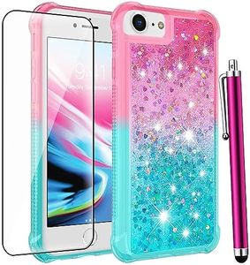 CAIYUNL for iPhone SE Case 2022(3rd Gen)/iPhone SE 2020 Case(2nd Gen)/iPhone 8 Case/iPhone 7 Case with Screen Protector, Glitter Bling Floating Liquid Women Girls Cute Shockproof Phone Case-Pink/Blue
