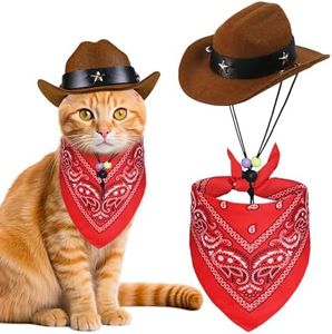 GOYOSWA Cat Cowboy Costume, Cat Cowboy Hat and Bandana Set Cat Halloween Costumes Cowboy Cat Pet Costume Funny Halloween Costumes for Cats Kittens Pets (Brown)