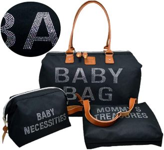 babysi kids club Baby Bag 3 Set Exclusif Cristal Pierre Brodé,Sac à Langer,Sac de Sport Femme, Grand Sac a Langer bébé, Sac Voyage bébé, Mommy, Femme (Z5-Black - Crystal Stone)