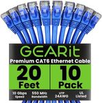 GearIT Cat 6 Ethernet Cable 20 ft Cat 6 Patch Cable, Cat 6 Cable, Cat6 Ethernet Cable, Network Cable, Internet Cable - Blue 20 Feet (Pack of 10)