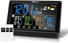 Geevon Weather Station Wireless Indoor Outdoor Thermometer 3 Sensors, Color Display Digital Temperature Humidity Monitor with Barometer, Calendar, USB Charge and Adjustable Backlight