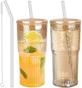 Glass Cups with Lids and Straws, Amber 20 OZ Iced Water Glasses Tumblers for Ice Juice, Tea, Milk, Smoothie and Cold or Hot Drinks, Set of 2