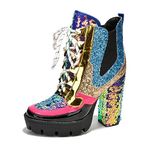 Cape Robbin Nell Glitter Lace Up Chunky Platform Block High Heel Ankle Booties (9, Mermaid)