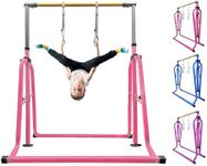 kechery Foldable & Moveable Gymnastics Horizontal Bar with Rings,3’to 5’Adjustable Height Expandable Junior Kip Bar for Home,Indoor Gym Equipment for Kids (Foldable Light Pink with Rings)