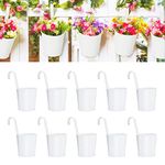 KINGLAKE 10Pcs 10cm Metal Hanging Plant Pots with Detachable Hook, White Fence Flower Pots Garden Hanging Planter Bucket Flower holder for Balcony Fence Railing Garden Home Décor