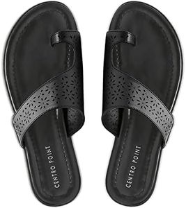 CentroPoint Women's Bunion Sandals Orthopedic Toe Ring Slides Flip Flops Fashion Slip On Flat Shoes, Black V1 Pu, 6