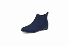 VJH confort Women's Slip on Ankle Boot, Western Almond Round Toe Low Heel Elastic Chelsea Bootie (Navy blue,7)