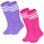 Durio Kids Soccer Socks Toddler Soccer Socks Girls Knee High Socks Unisex Cotton Sport Tube with Stripes Purple White & Peach White 6-9 Years