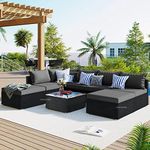 OUTLIVING Rattan & Wicker 7 Seater Sofa Set With Table For Garden Patio Furniture Sofa Set For Outdoor Area (Black&Grey),2.84 Meters,0.75 Meters,0.65 Meters