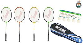 jaspo Core-JS-600 4 Aluminum Badminton Rackets, 5 Feather Shuttlecock, Badminton Bag- Multicolor