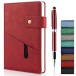 A5 Leather Journal Notebook with Pen, 200 Pages Hardcover Journal with Pocket, 100gsm Thick Lined Paper Daily Diary for Men and Women, Great Gift for Business School Travel Personal - Red