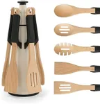 Chef's Path Wooden Cooking Utensils Set – 5-Piece Beech Wood Kitchen Utensils Set with Silicone Spoon Rest, Wooden Spatula, Serving Spoon, Wooden Spoons for Cooking & Rotating Utensil Holder, Black