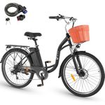 DYU Electric Bike, 26 Inch Smart Electric Bicycle with 6 Speed Shifting, 12.5Ah 36V Removable Battery, City Urben E-Bike with Basket, Adjustable Seat Height, Unisex Adults (Black)